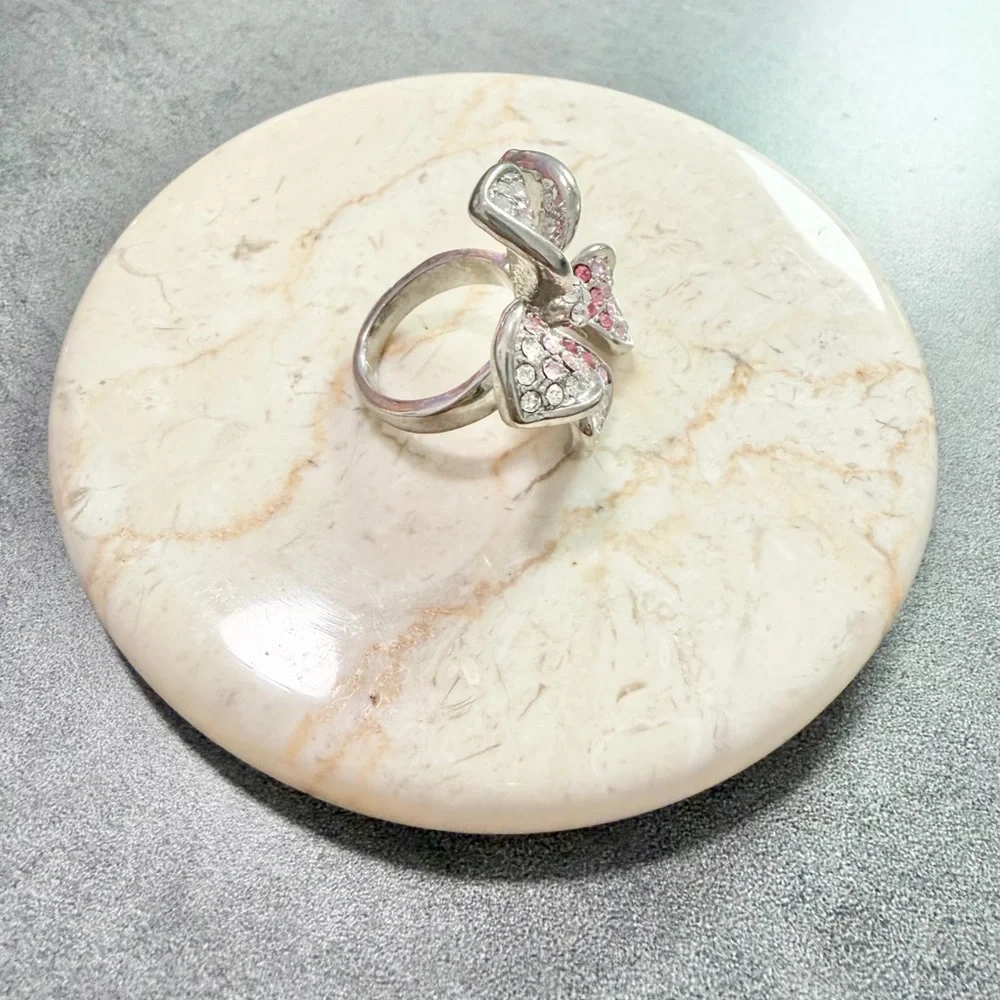 Vintage 1990’s Statement Silver Tone Flower Ring Pink/Clear Crystals Sz 6.5” - Picture 3 of 7